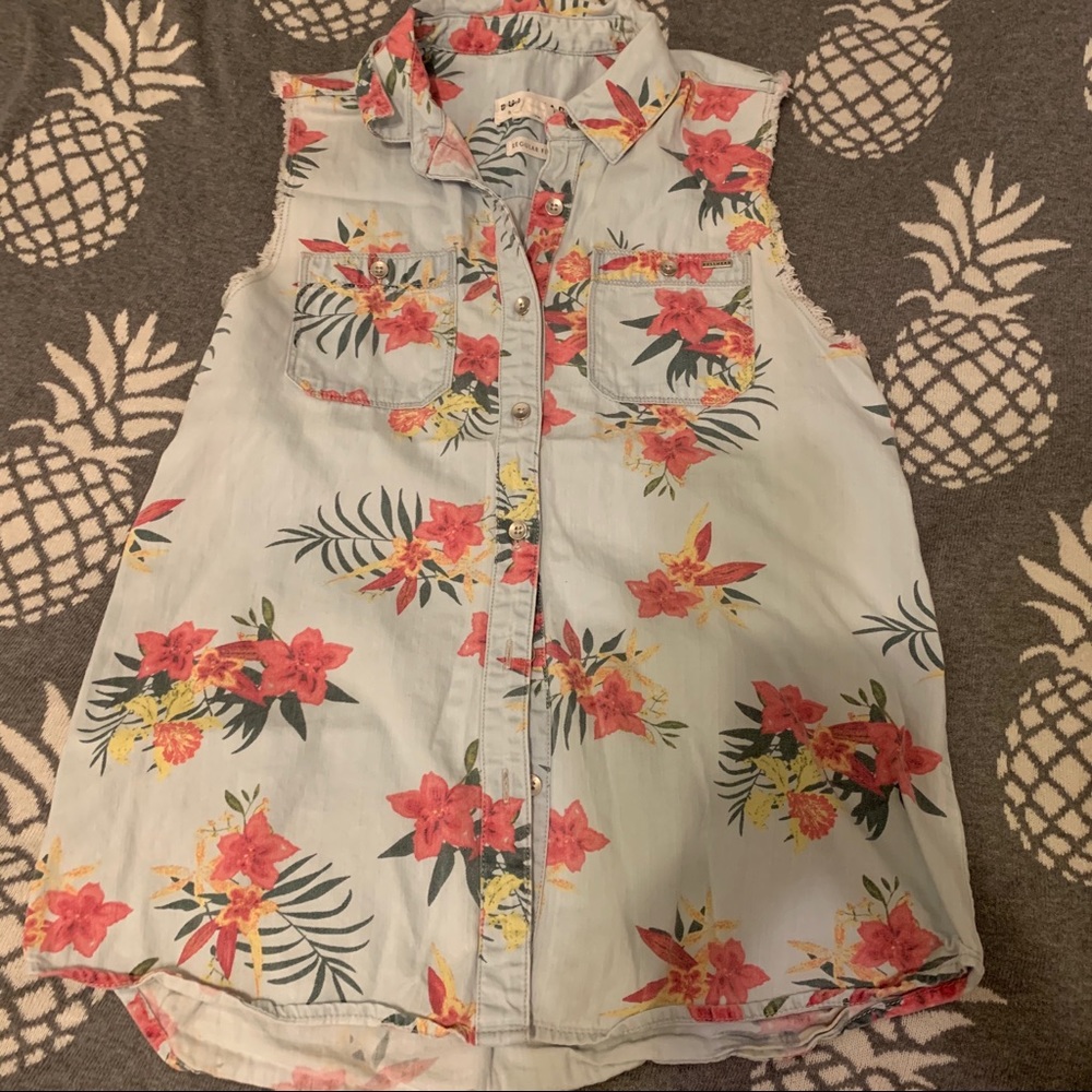 Bullhead Tropical Floral Denim Cut Off Tank